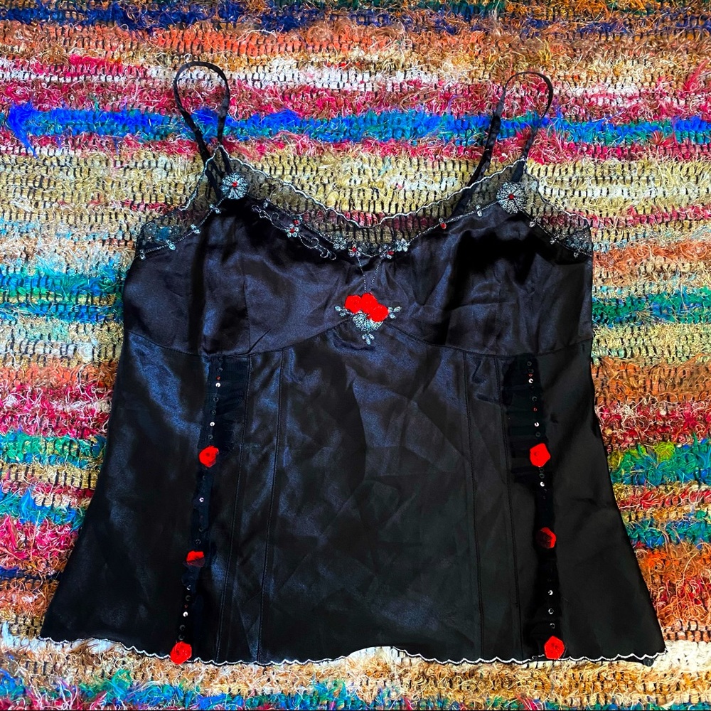 Black Satin Rose Gothic Alternative Tank Top Lingerie